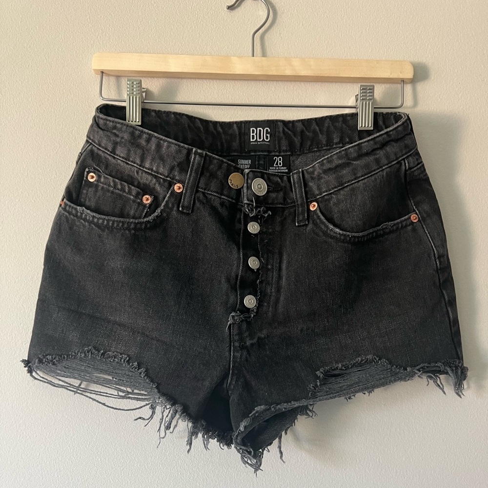BDG High Rise Cheeky Black Denim Shorts Size 28 Button Fly Frayed Hem Cutoff